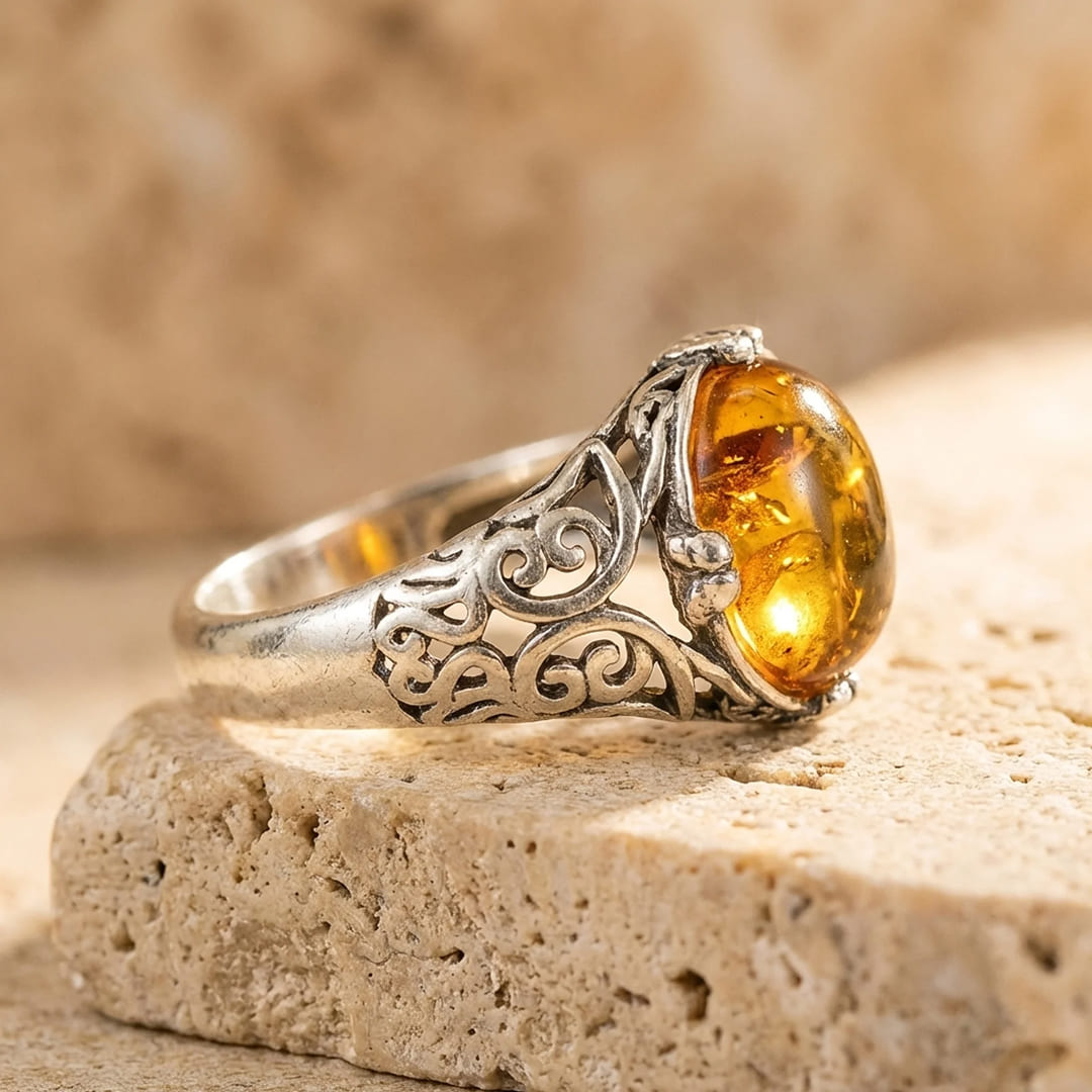 Bague Ajustable "Éclat Solaire" en Ambre - - L'Arbre des Chakras