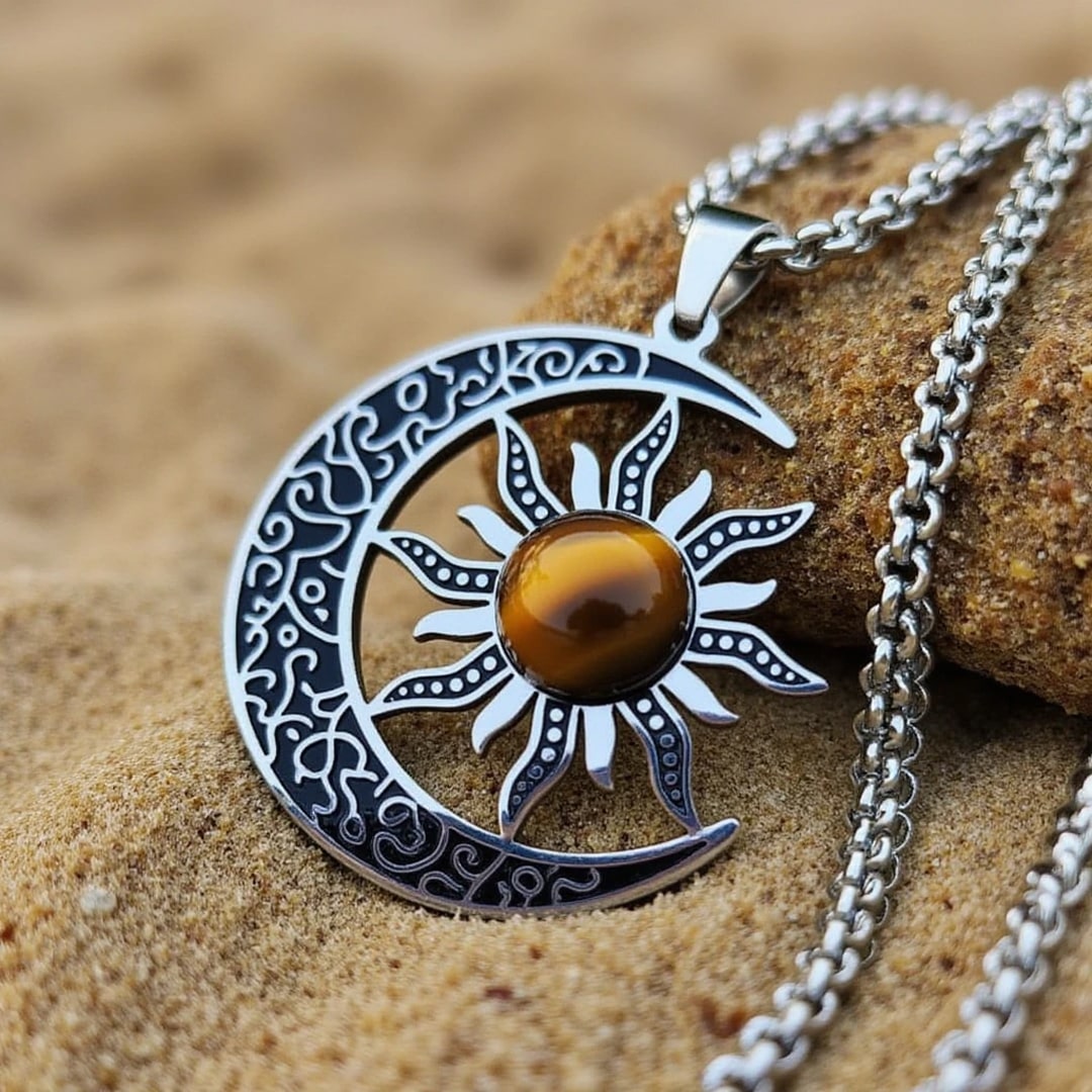 YEESIA Collier Argent Sterling 925 Soleil Et Lune – Pendentif Celtique Avec Pierre De Lune Dorée – Femme
