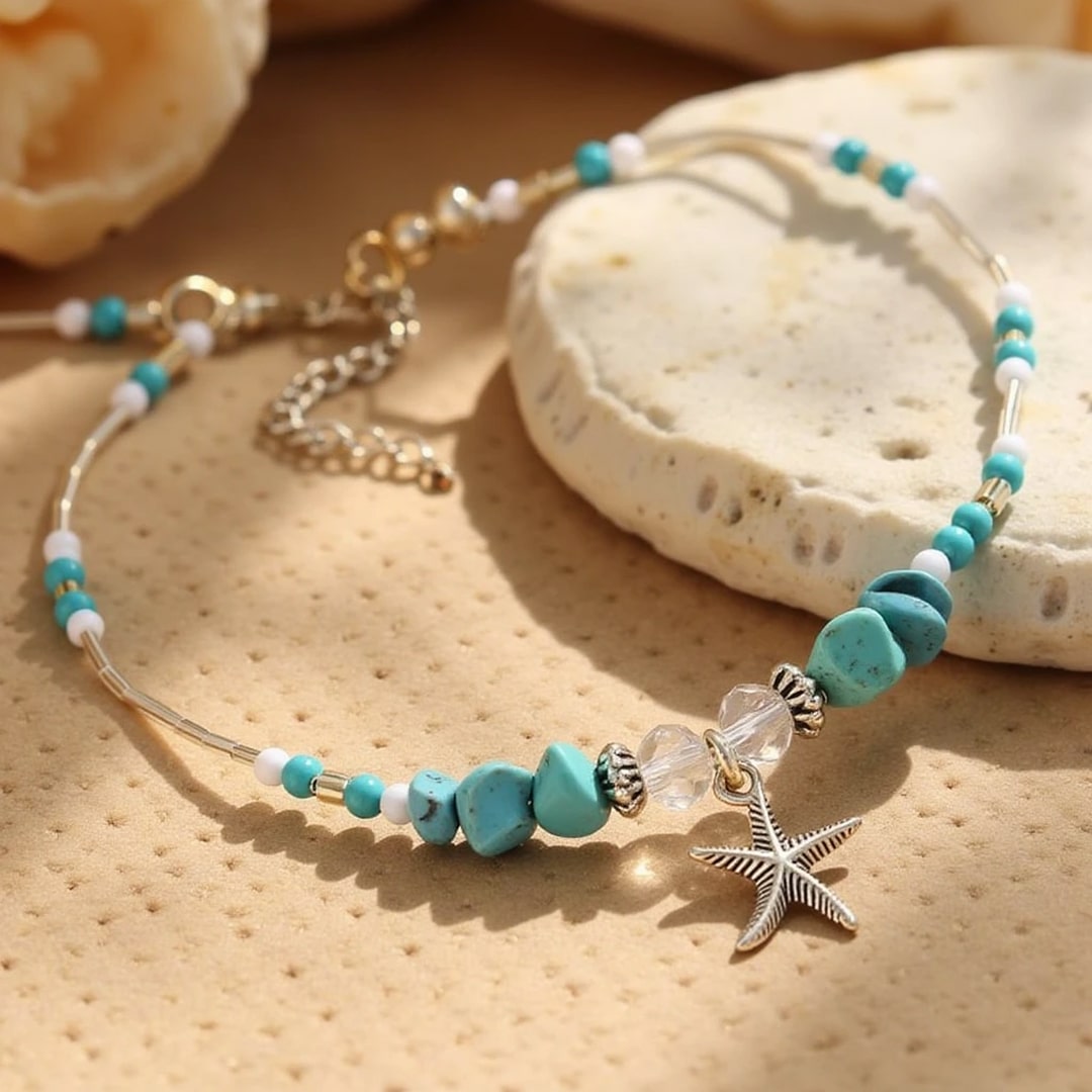 Bracelet de Cheville Étoile de Mer en Turquoise - - L'Arbre des Chakras