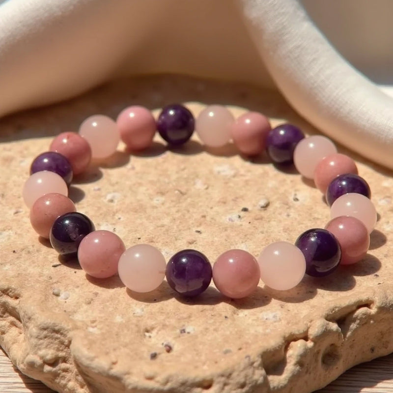 Bracelet "Amour de Soi" en Rhodonite, Quartz Rose & Améthyste - - L'Arbre des Chakras