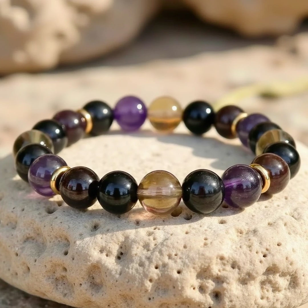 Bracelet "Harmonie & Protection" en Shungite, Quartz Fumé, Améthyste & Grenat - 17cm - L'Arbre des Chakras