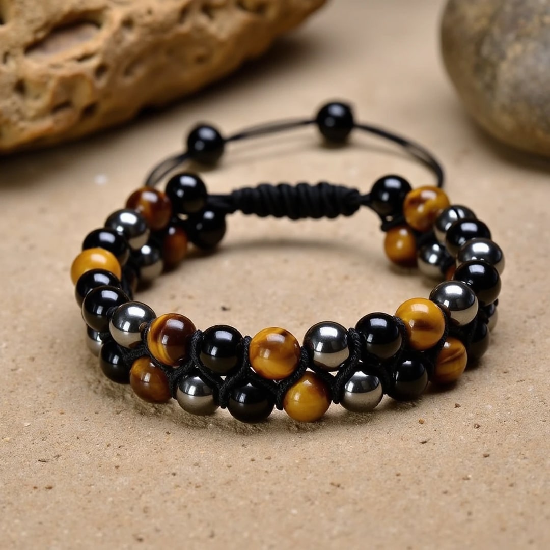 Bracelet Tressé Ajustable "Triple Protections" en Hématite, Oeil de Tigre & Obsidienne - - L'Arbre des Chakras