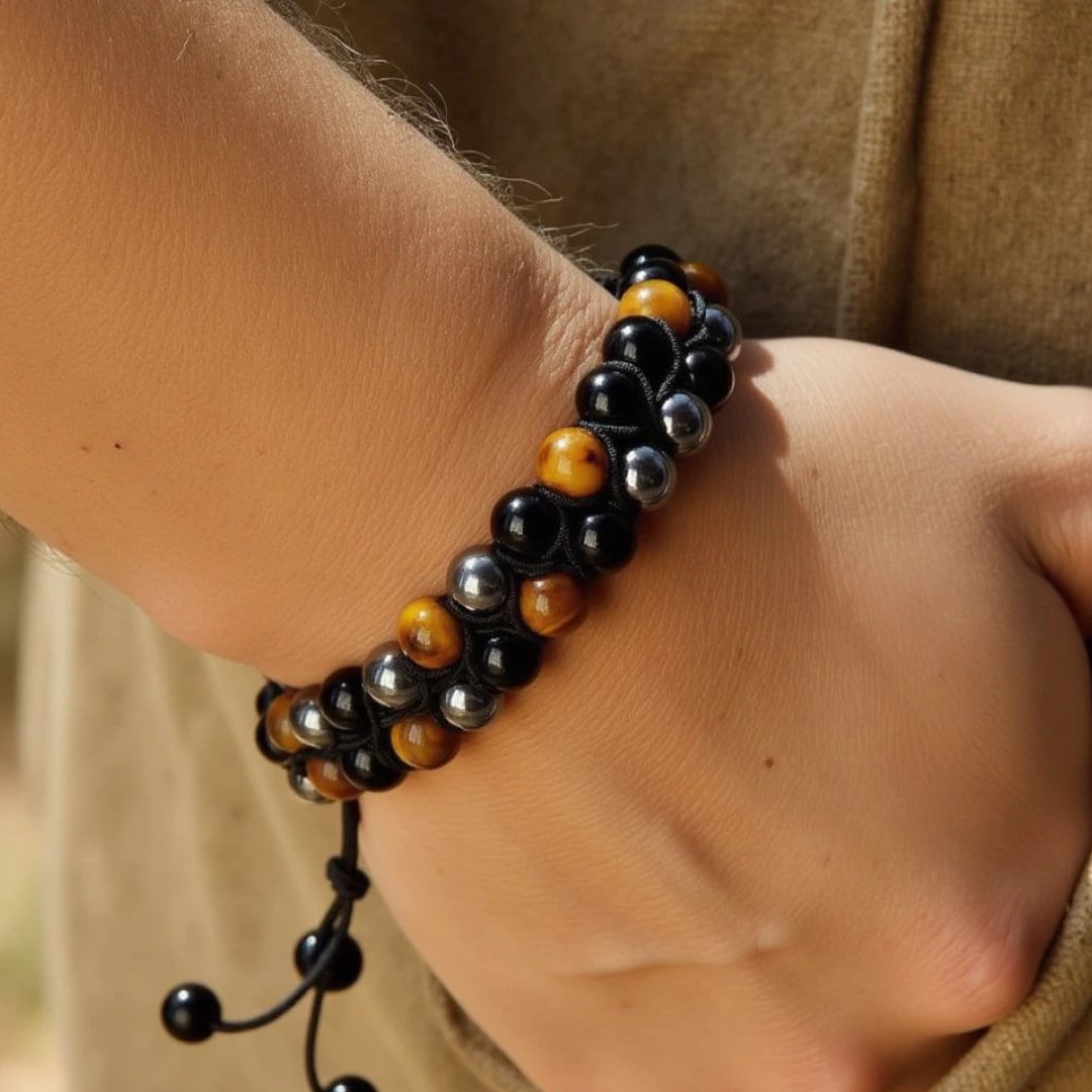 Bracelet Tressé Ajustable "Triple Protections" en Hématite, Oeil de Tigre & Obsidienne - - L'Arbre des Chakras