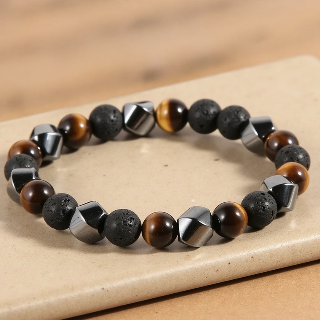 Bracelet Triple Protection en Pierre de Lave, Oeil de Tigre & Hématite - 18cm - L'Arbre des Chakras