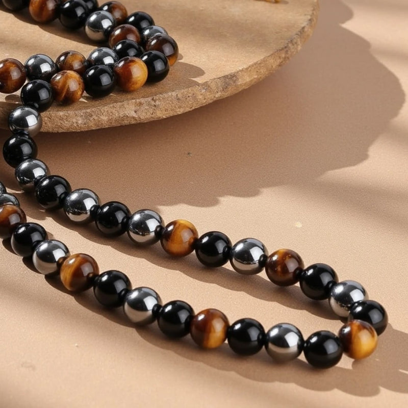Collier "3 Protections" en Hématite, Obsidienne & Oeil de Tigre - - L'Arbre des Chakras