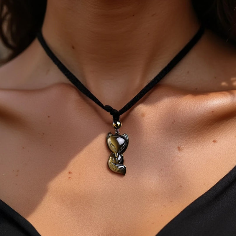 Pendentif "Renard Sage" en Obsidienne Dorée
