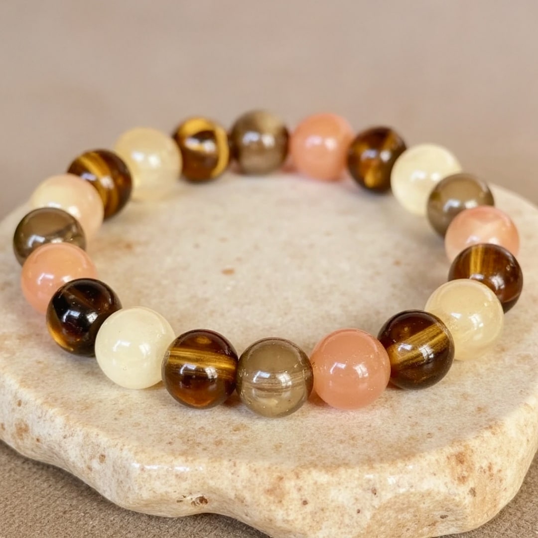 Bracelet "Énergie Solaire" en Quartz Fumé, Oeil de Tigre & Quartz Rutile Doré - 17cm - L'Arbre des Chakras