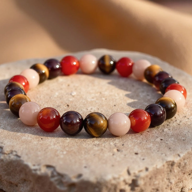 Bracelet "Chance & Joie" en Oeil de Tigre, Pierre de Soleil, Cornaline & Grenat - - L'Arbre des Chakras