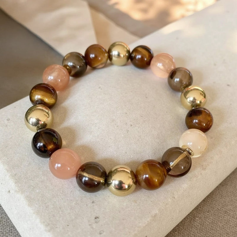 Bracelet "Énergie Solaire" en Quartz Fumé, Oeil de Tigre & Quartz Rutile Doré - - L'Arbre des Chakras