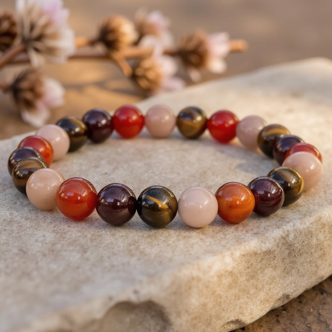 Bracelet "Chance & Joie" en Oeil de Tigre, Pierre de Soleil, Cornaline & Grenat