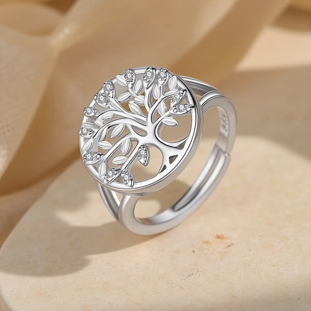 Bague Ajustable "Arbre de Vie Étincelant" en Argent