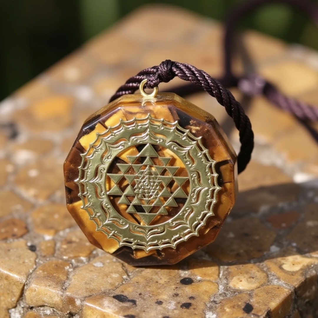 Pendentif Orgonite "Sri Yantra - Protection Sacrée" en Oeil de Tigre