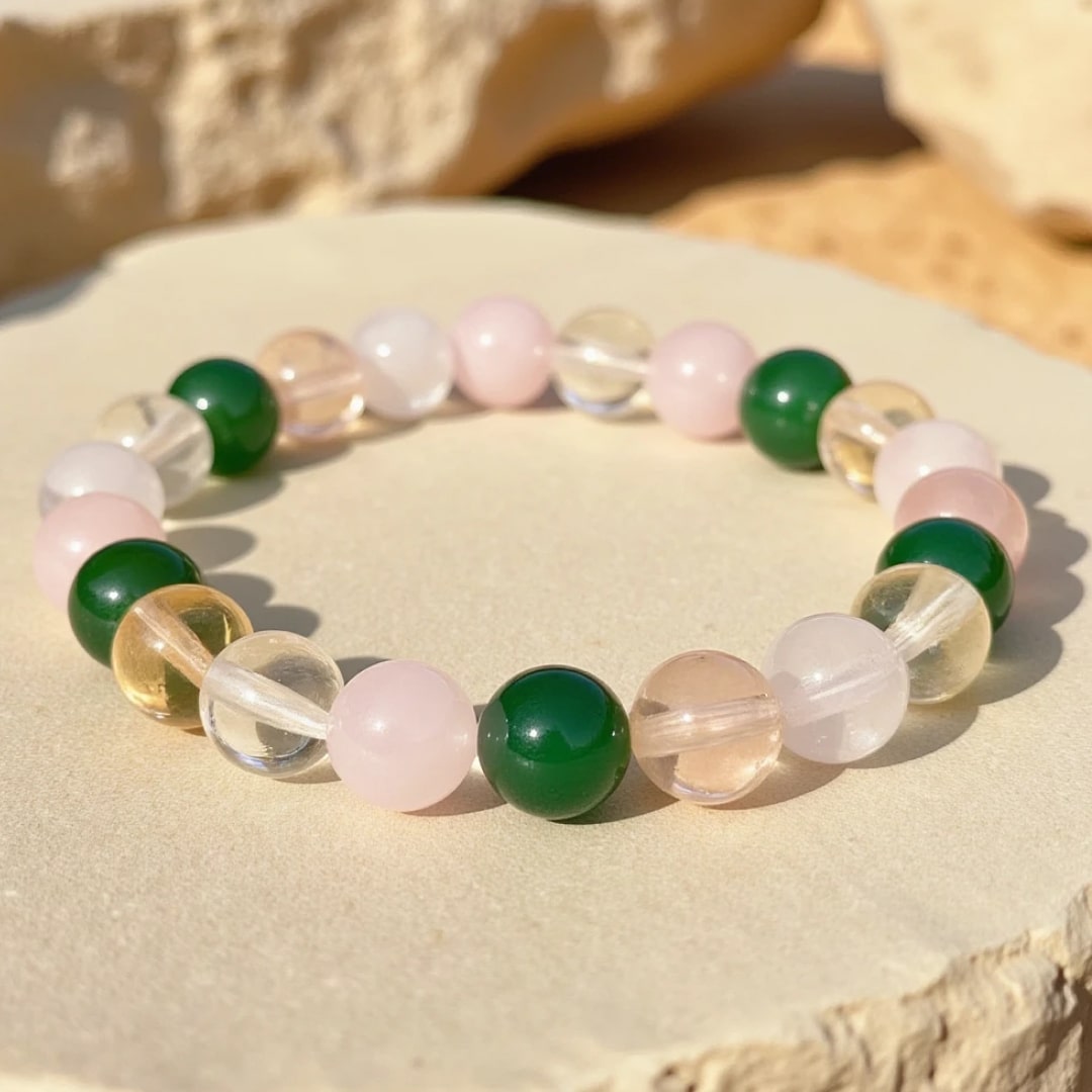 Bracelet "Chance & Opportunité" en Aventurine, Citrine, Quartz Rose & Cristal Clair - 17cm - L'Arbre des Chakras