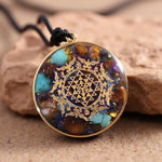 Pendentif Orgonite "Sri Yantra" en Turquoise & Oeil de Tigre - - L'Arbre des Chakras