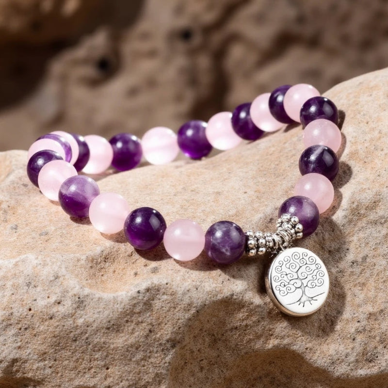 Bracelet "Amour & Spiritualité" en Améthyste & Quartz Rose - - L'Arbre des Chakras