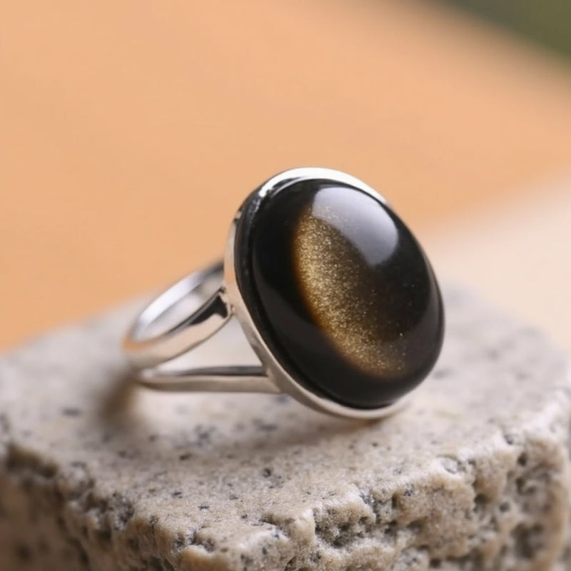 Bague Ajustable "Aura" en Obsidienne Dorée - - L'Arbre des Chakras