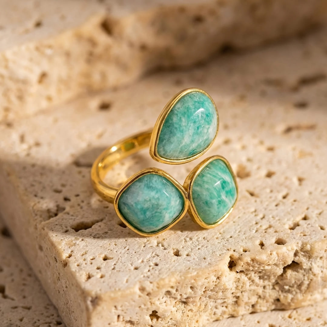 Bague "Triple Vague d’Apaisement" en Amazonite - - L'Arbre des Chakras