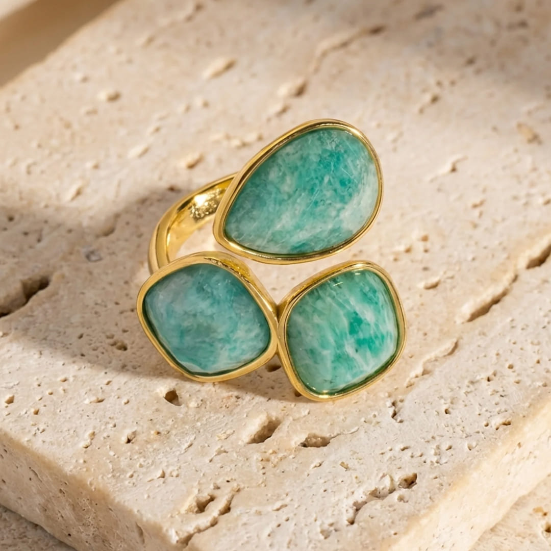 Bague "Triple Vague d’Apaisement" en Amazonite - - L'Arbre des Chakras