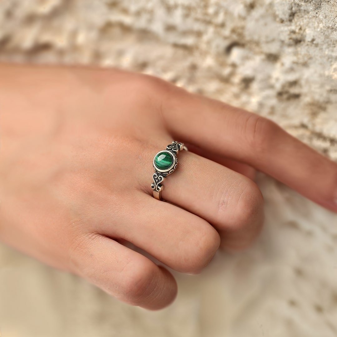 Bague Ajustable "Protection du Cœur" en Malachite & Argent - - L'Arbre des Chakras