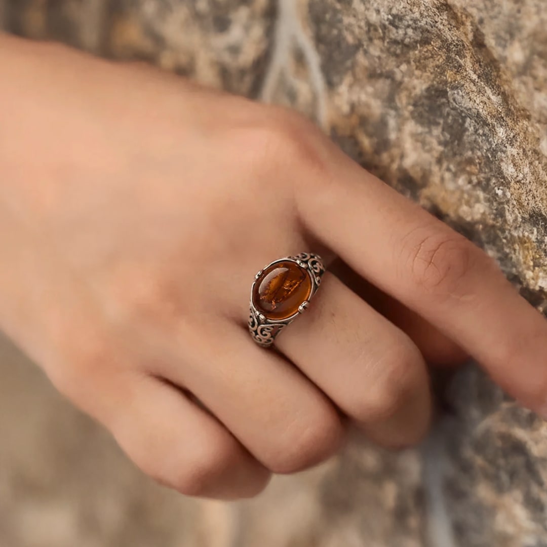 Bague Ajustable "Éclat Solaire" en Ambre & Argent - - L'Arbre des Chakras