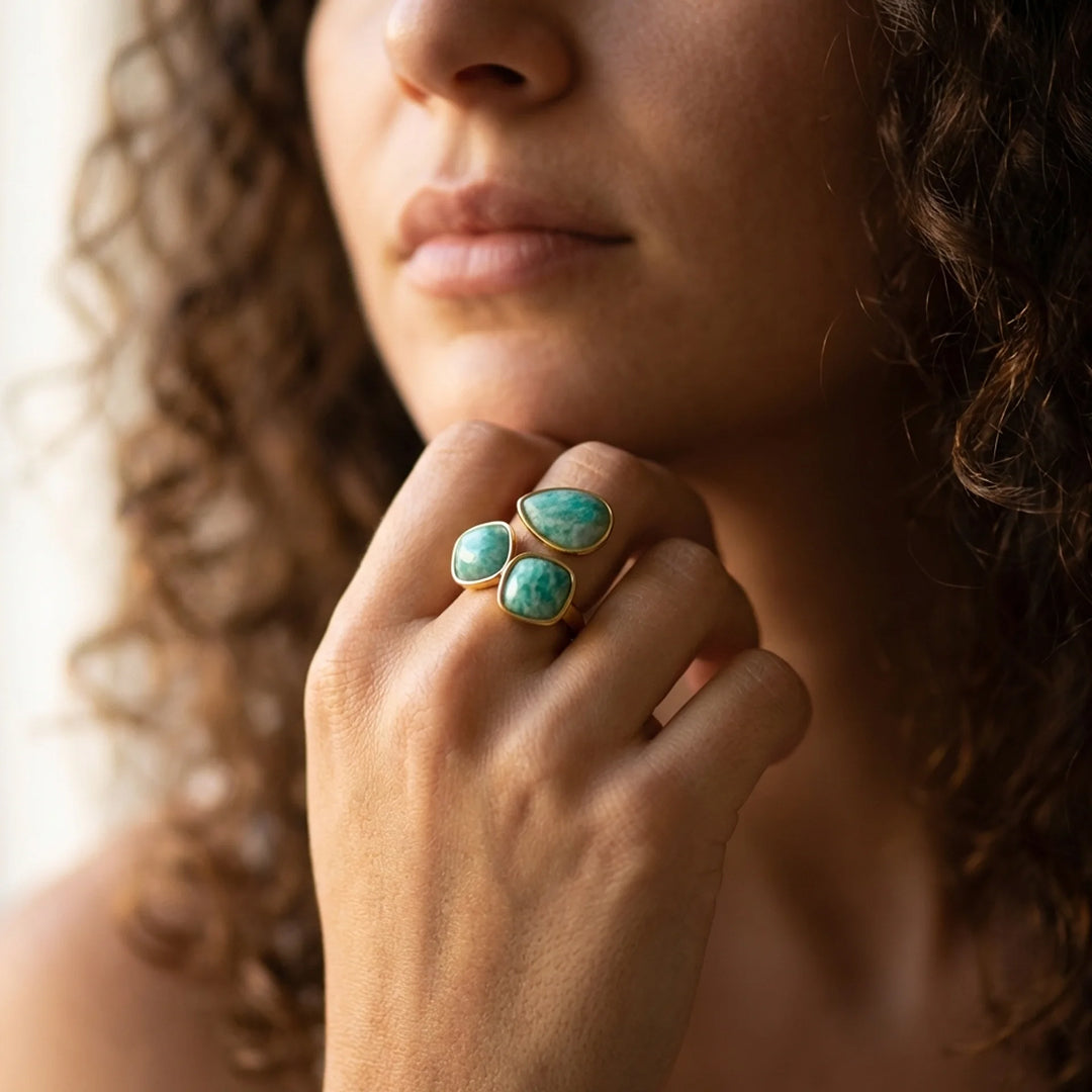 Bague "Triple Vague d’Apaisement" en Amazonite - - L'Arbre des Chakras
