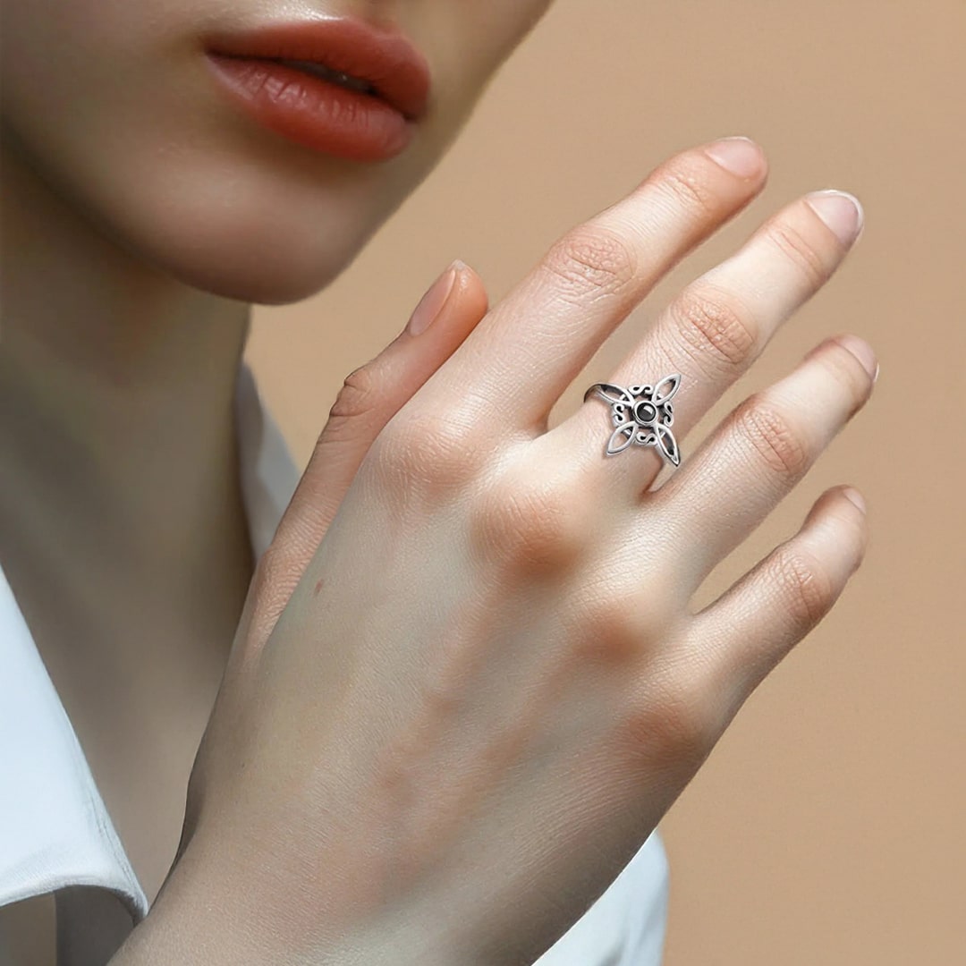 Bague Ajustable "Énergie Mystique" - Noeud de Sorcière & Obsidienne