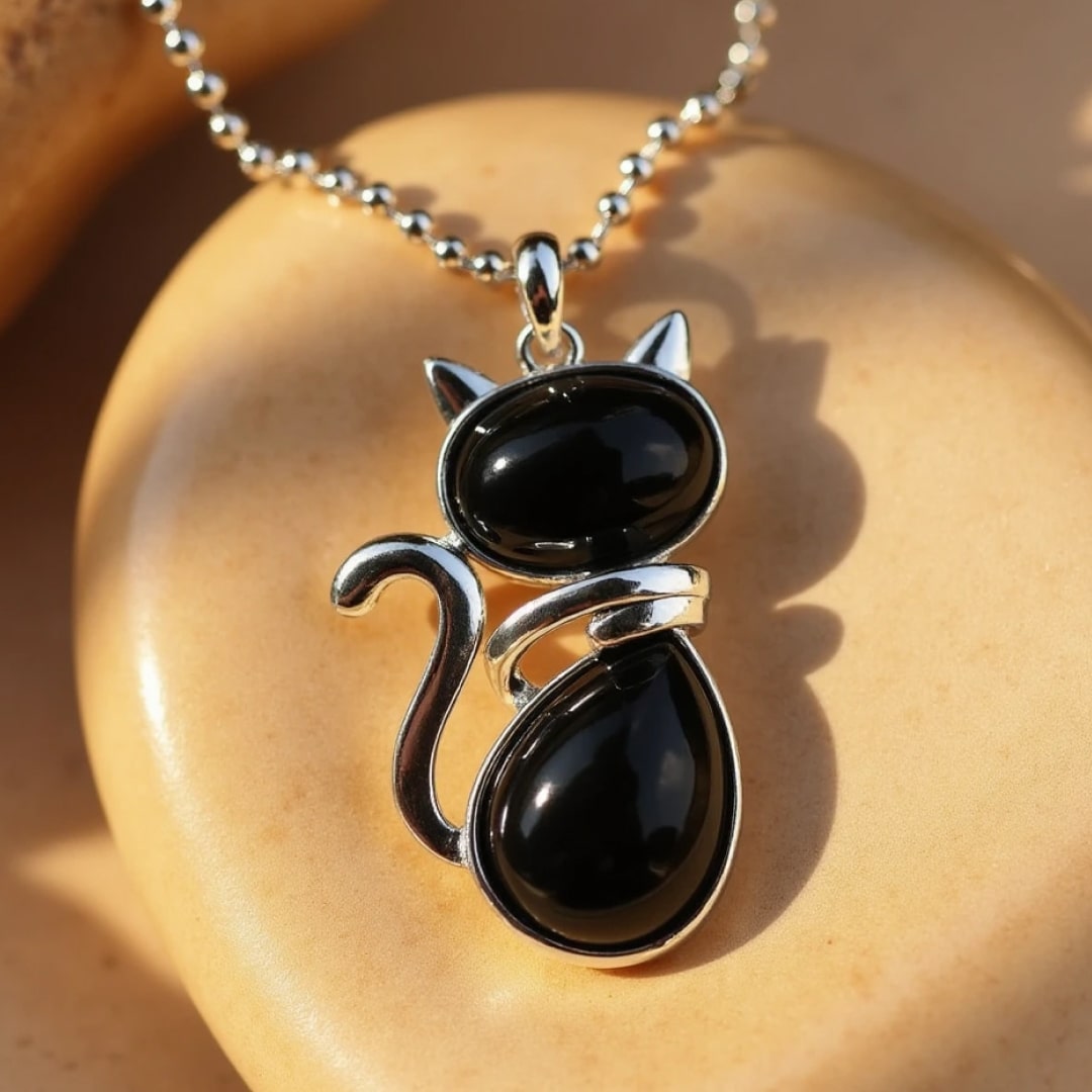 Pendentif Chat en Pierre Naturelle - Agate Noire - L'Arbre des Chakras