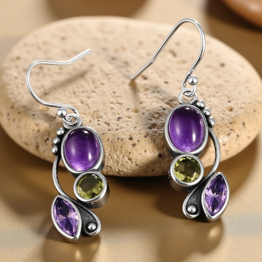 Boucles d'Oreilles "Cascade de Sérénité" en Améthyste & Péridot