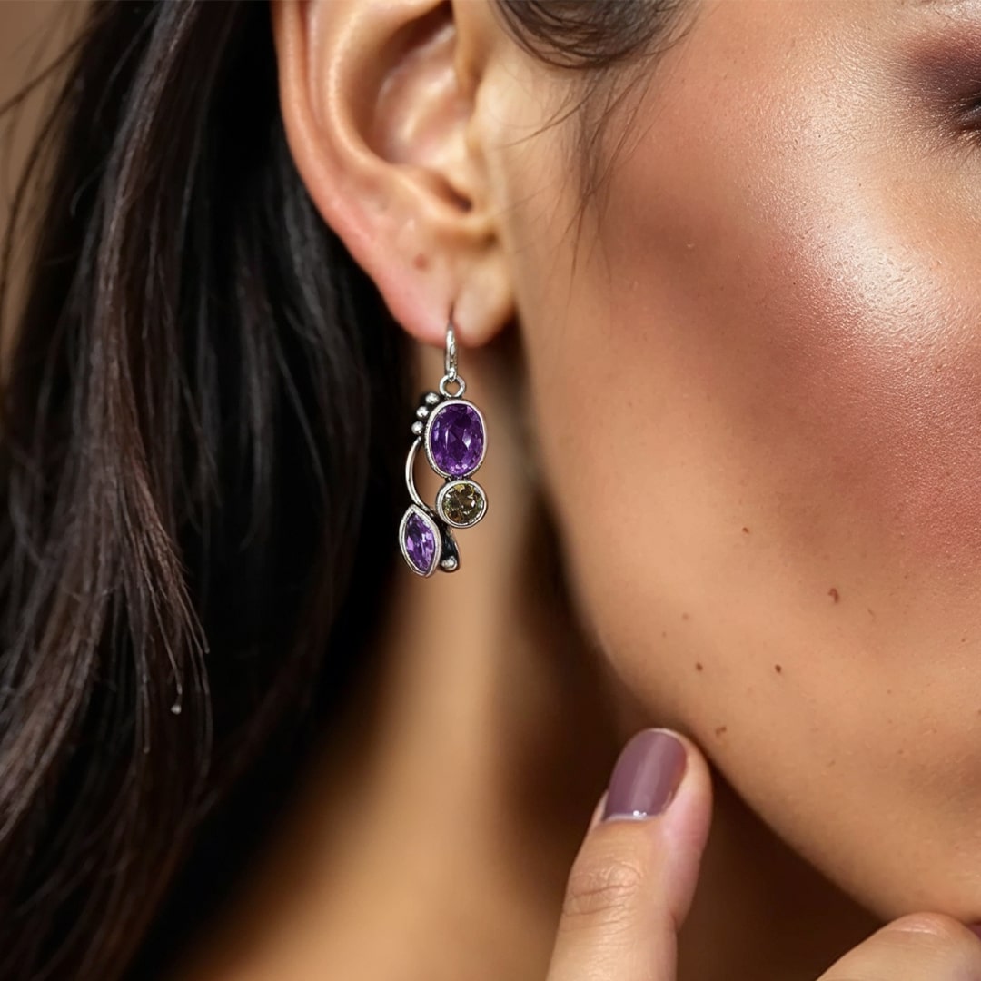 Boucles d'Oreilles "Cascade de Sérénité" en Améthyste & Péridot