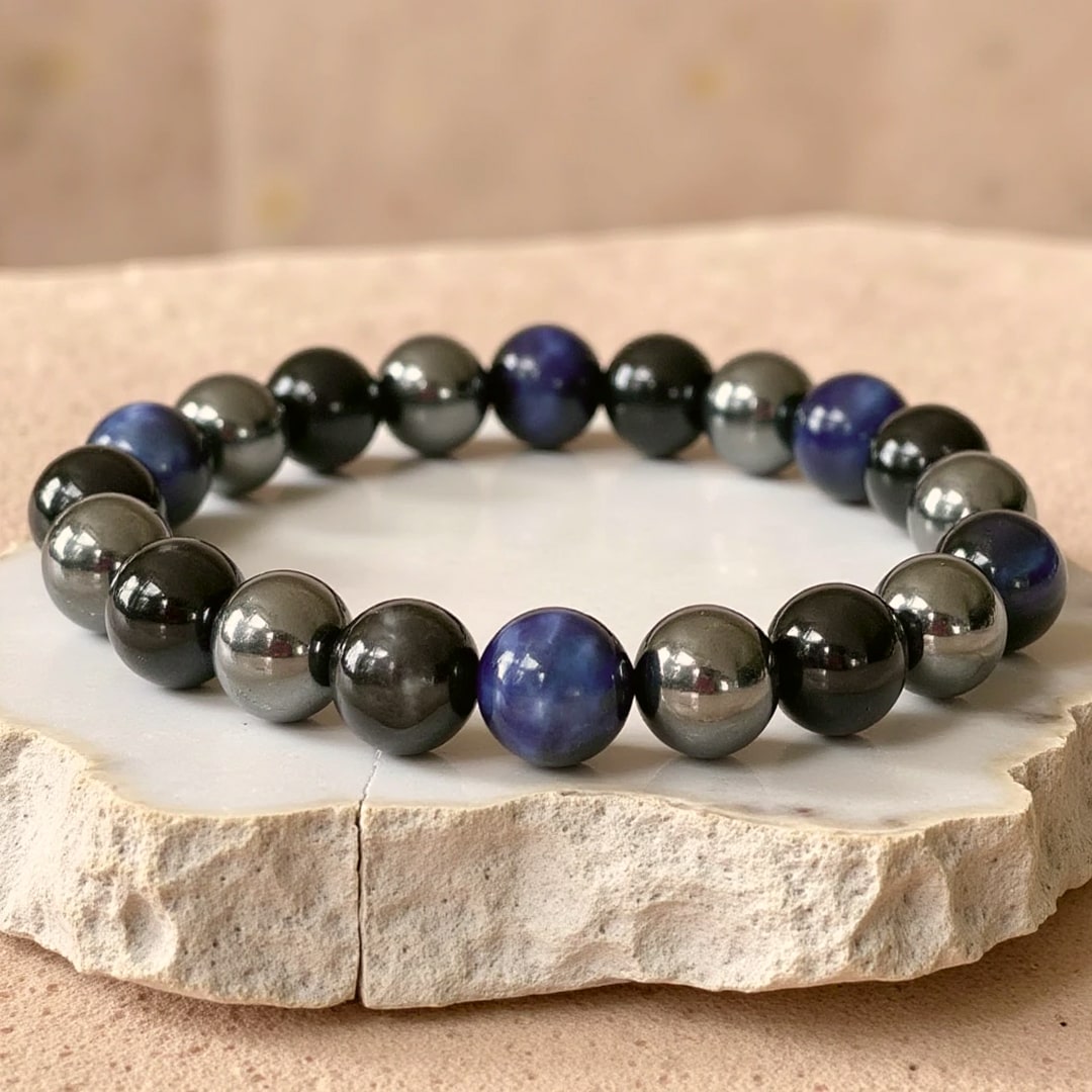 Bracelet "Guidance Intérieure" en Hématite, Tourmaline Noire & Oeil de Tigre Bleu