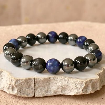 Bracelet "Guidance Intérieure" en Hématite, Tourmaline Noire & Oeil de Tigre Bleu - - L'Arbre des Chakras