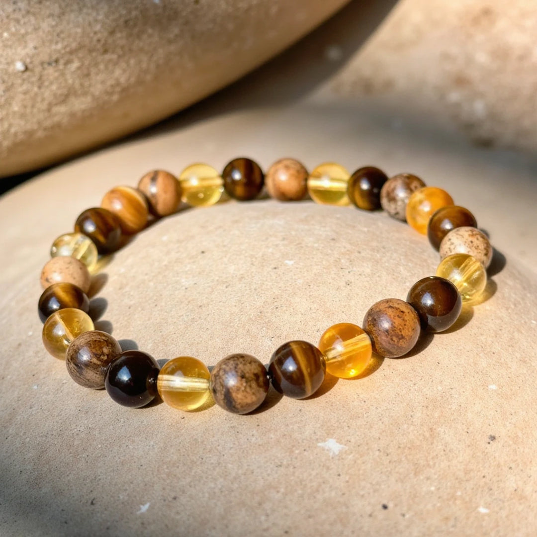 Bracelet "Protection & Prospérité" en Oeil de Tigre, Citrine & Jaspe Paysage - - L'Arbre des Chakras