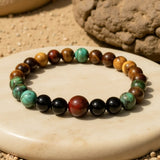 Bracelet "Énergies Protectrices" en Oeil de Tigre, Oeil de Taureau & Turquoise Africaine - 17cm - L'Arbre des Chakras