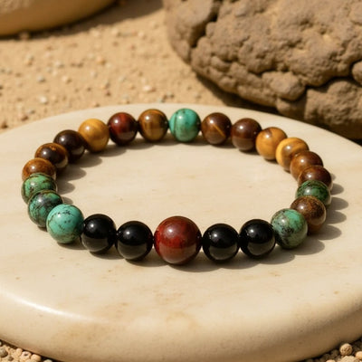 Bracelet "Énergies Protectrices" en Oeil de Tigre, Oeil de Taureau & Turquoise Africaine - 17cm - L'Arbre des Chakras