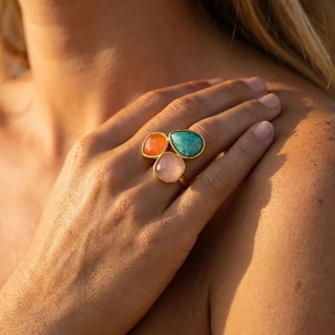 Bague "Santi" en Amazonite, Aventurine Orange & Quartz Rose - - L'Arbre des Chakras