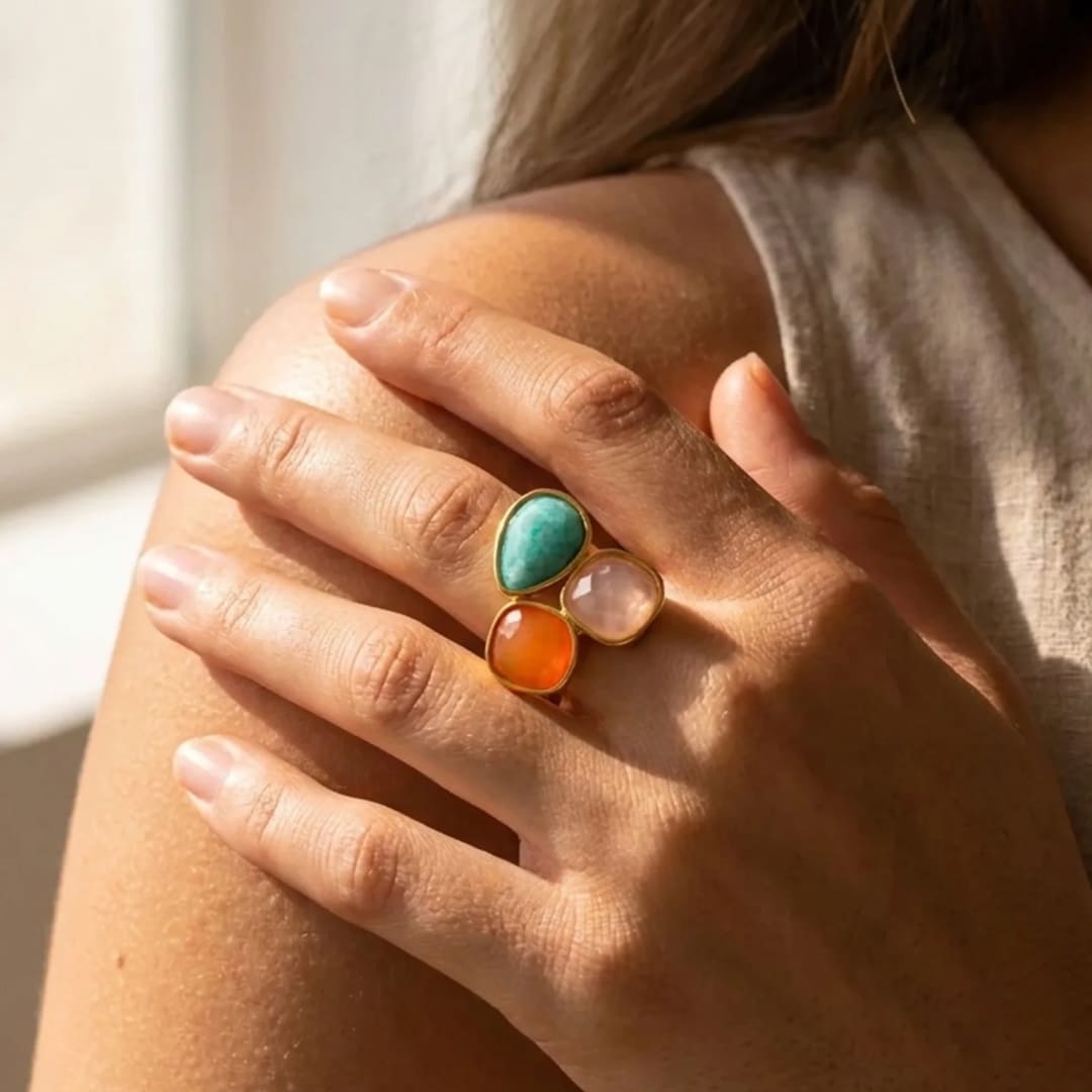 Bague "Santi" en Amazonite, Aventurine Orange & Quartz Rose - - L'Arbre des Chakras
