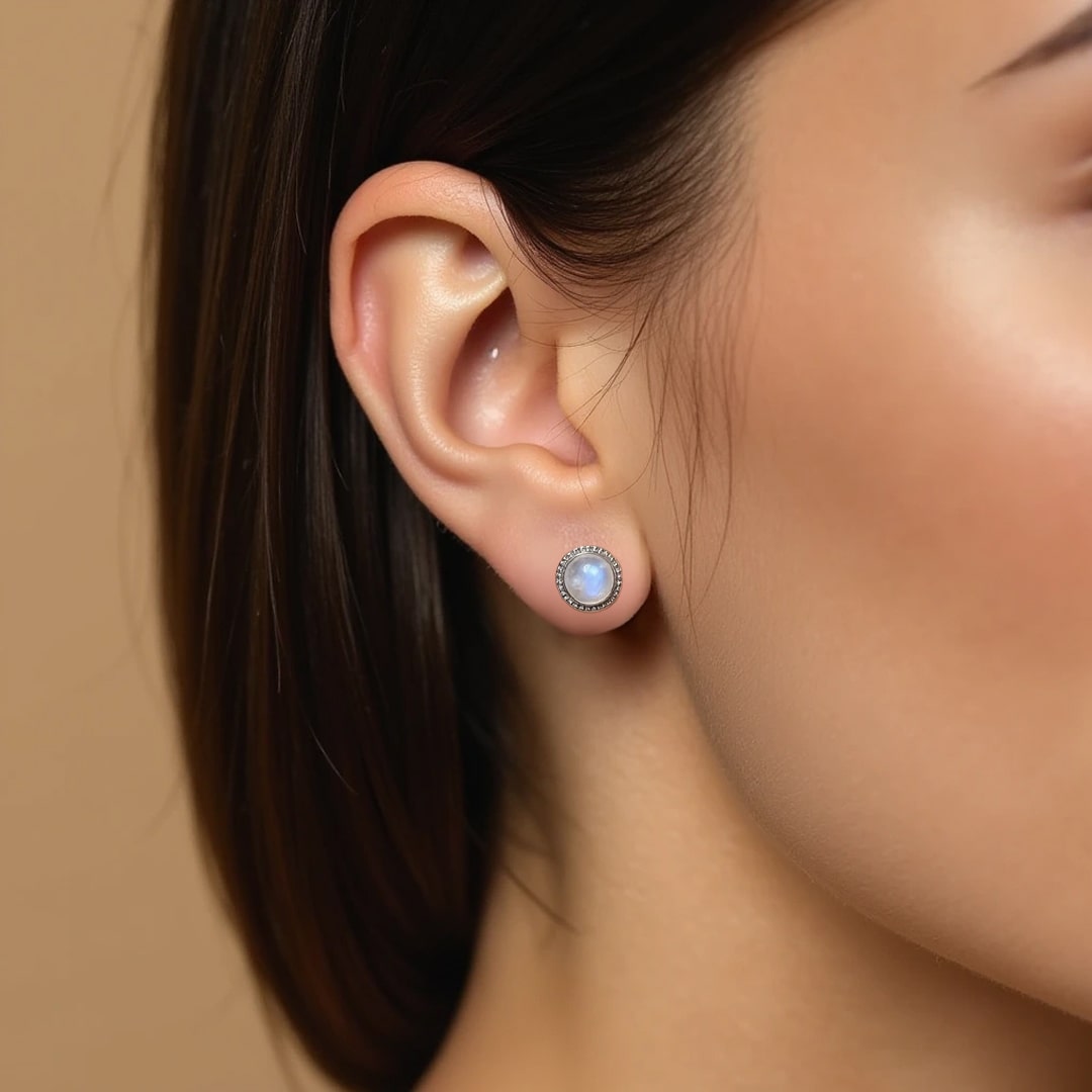 Boucles d'Oreilles Bouton en Labradorite Blanche & Argent - - L'Arbre des Chakras