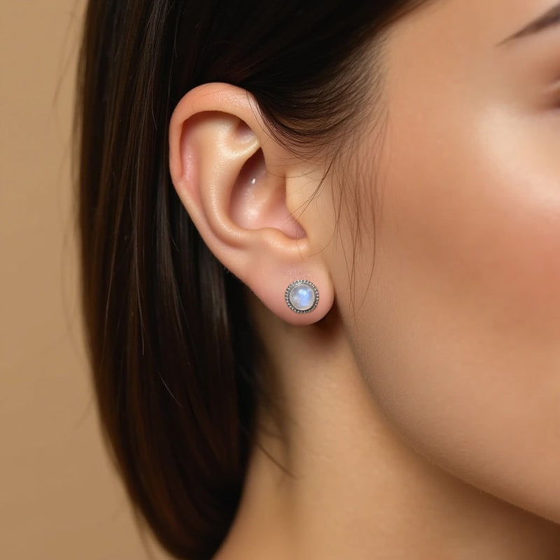 Boucles d'Oreilles Bouton en Labradorite Blanche & Argent - - L'Arbre des Chakras