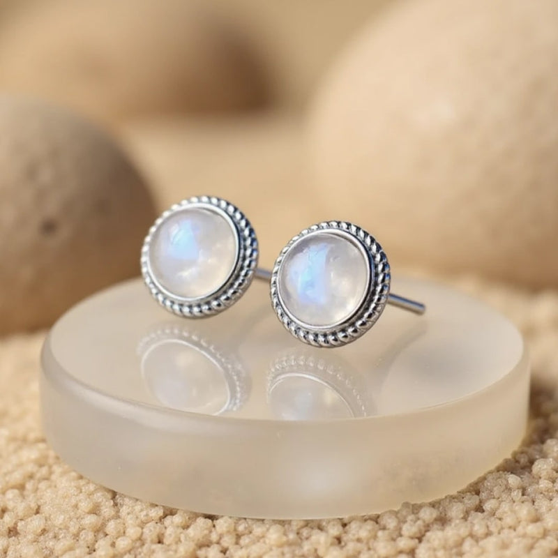 Boucles d'Oreilles Bouton en Labradorite Blanche & Argent - - L'Arbre des Chakras