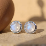 Boucles d'Oreilles Bouton en Labradorite Blanche & Argent - - L'Arbre des Chakras