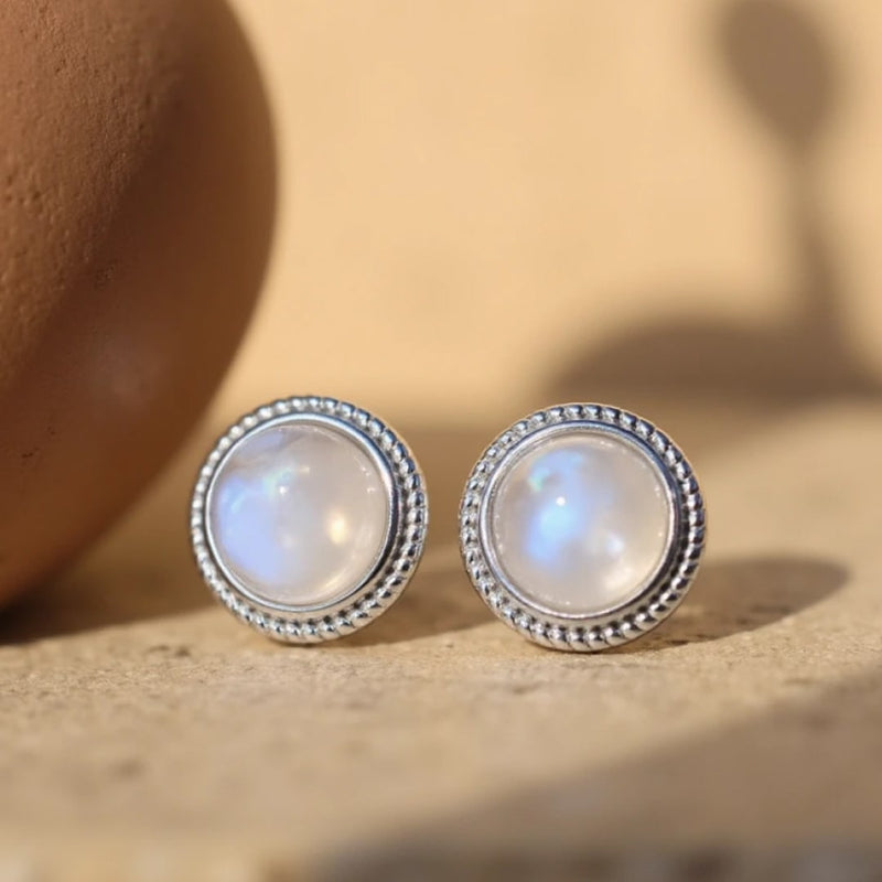 Boucles d'Oreilles Bouton en Labradorite Blanche & Argent - - L'Arbre des Chakras