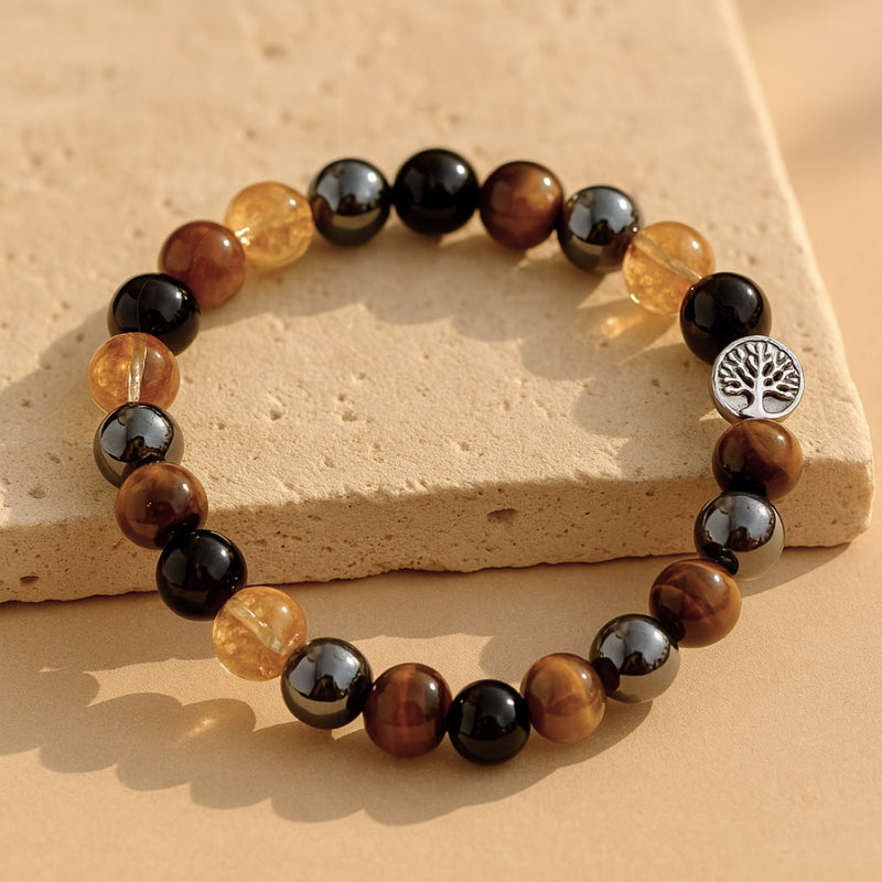 Bracelet "Force & Lumière" en Oeil de Tigre, Citrine, Hématite & Obsidienne