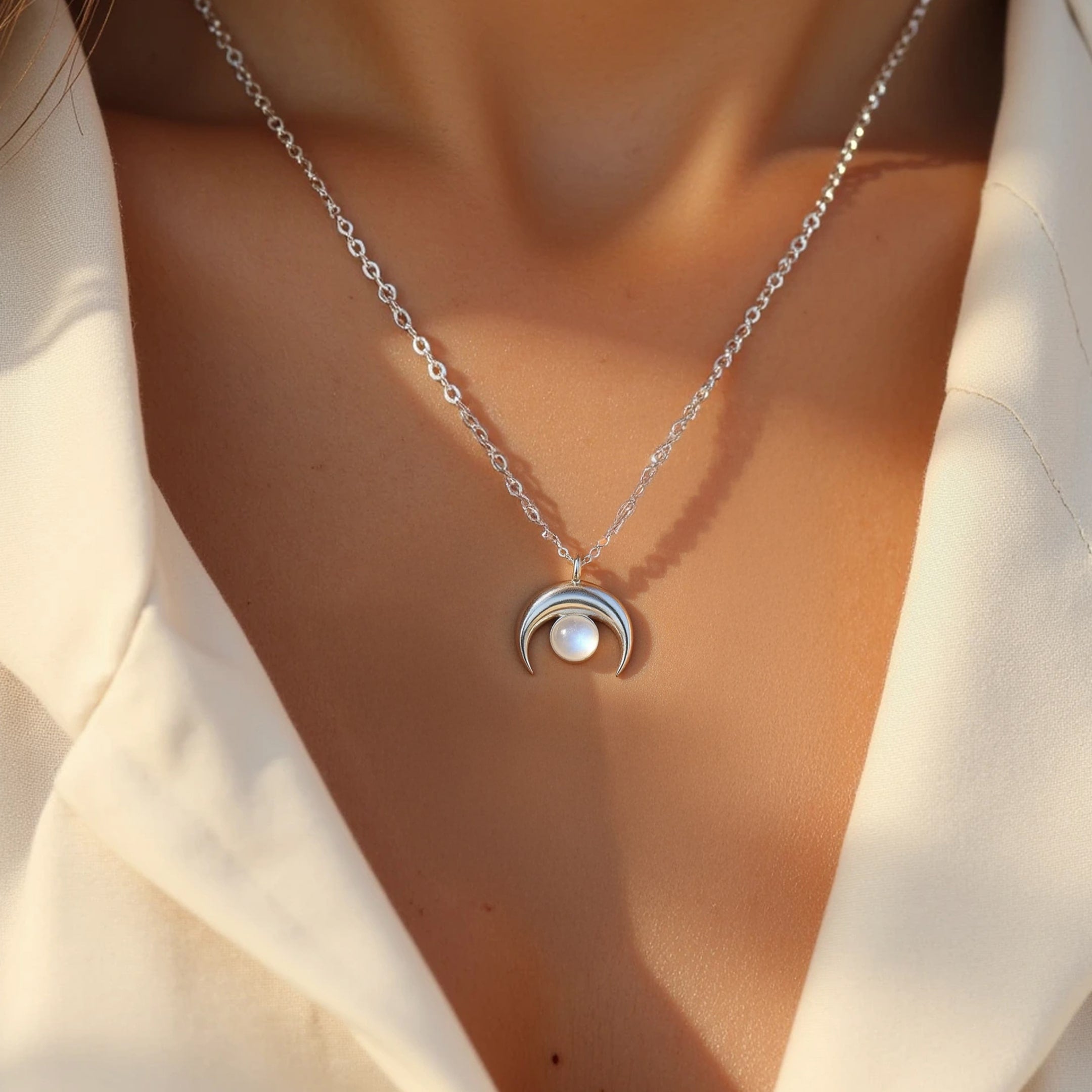 Collier Croissant de Lune en Pierre de Lune - - L'Arbre des Chakras