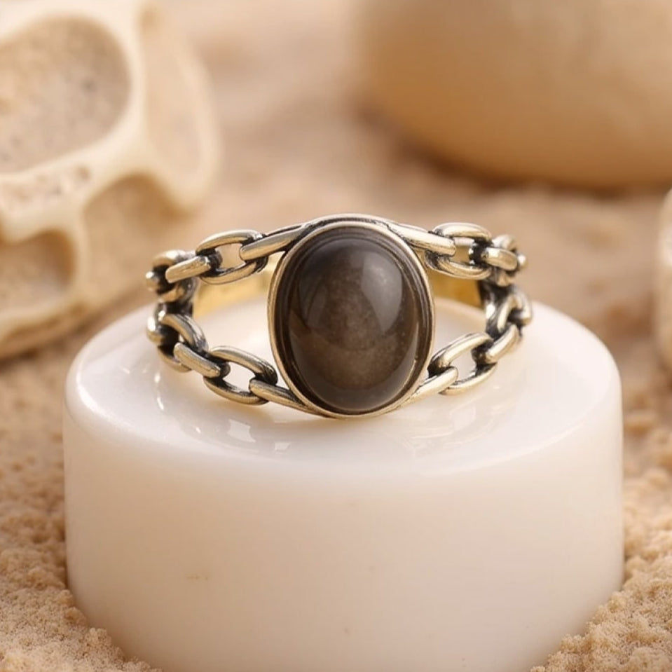 Bague Ajustable "Confiance Sacrée" en Obsidienne argentée - - L'Arbre des Chakras