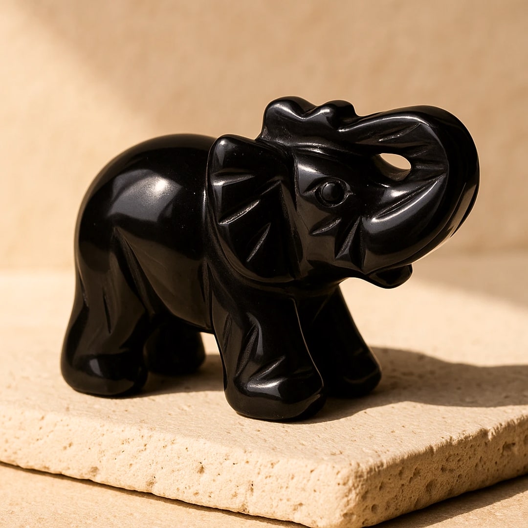Éléphant "Gardien de Sagesse" en Oeil de Tigre ou Obsidienne - Obsidienne Noire - L'Arbre des Chakras