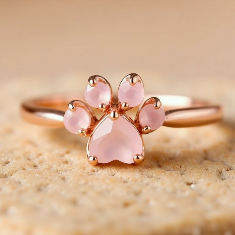 Bague Ajustable  "Mon Cœur à Pattes" en Quartz Rose