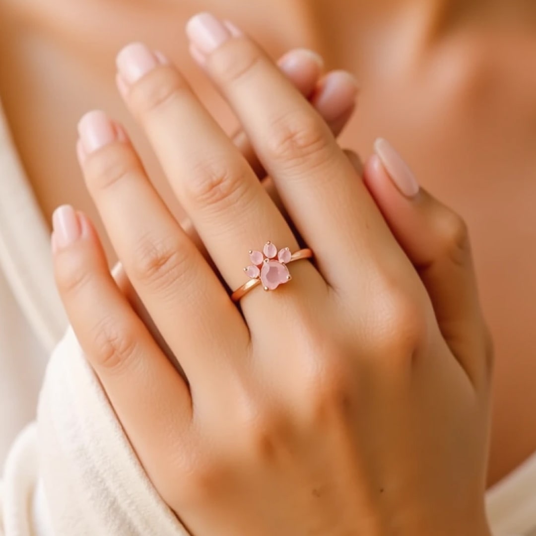 Bague Ajustable  "Mon Cœur à Pattes" en Quartz Rose