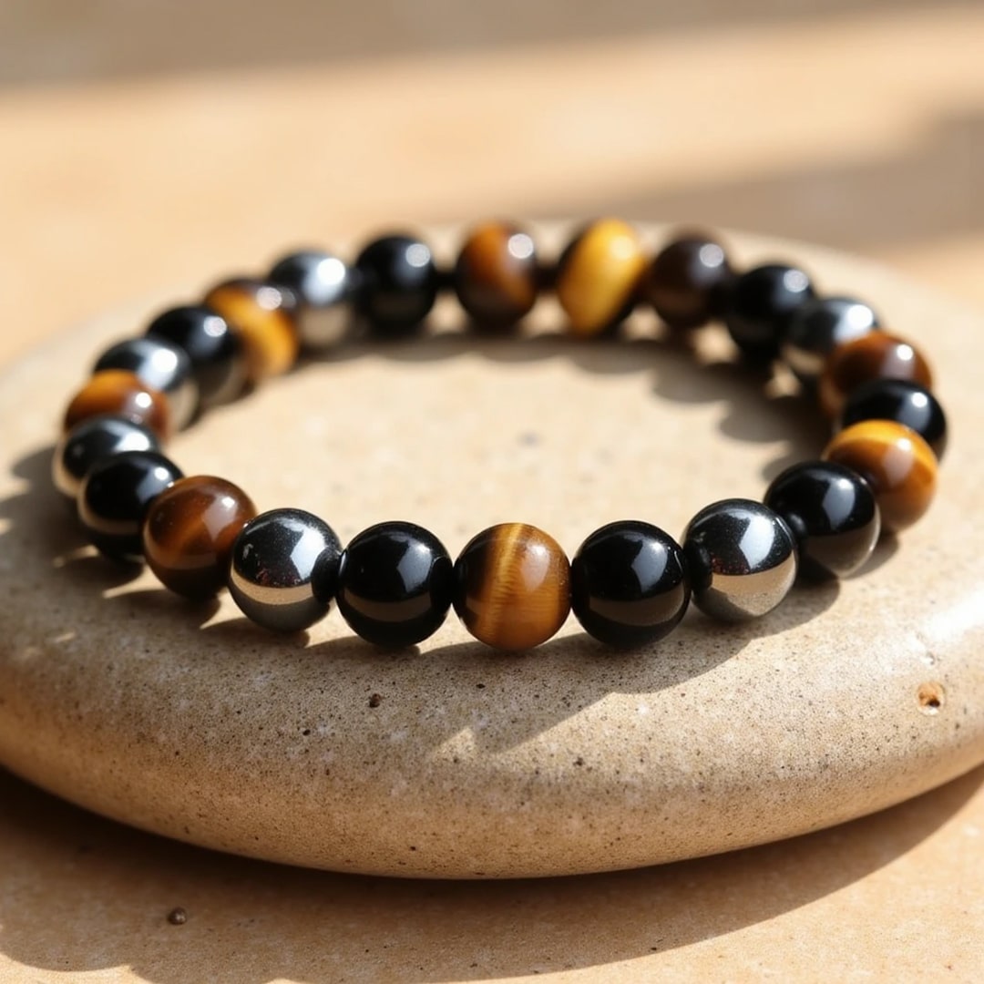 Bracelet "3 Protections" en Oeil de Tigre, Hématite & Obsidienne Noire - 8mm / 17cm - L'Arbre des Chakras