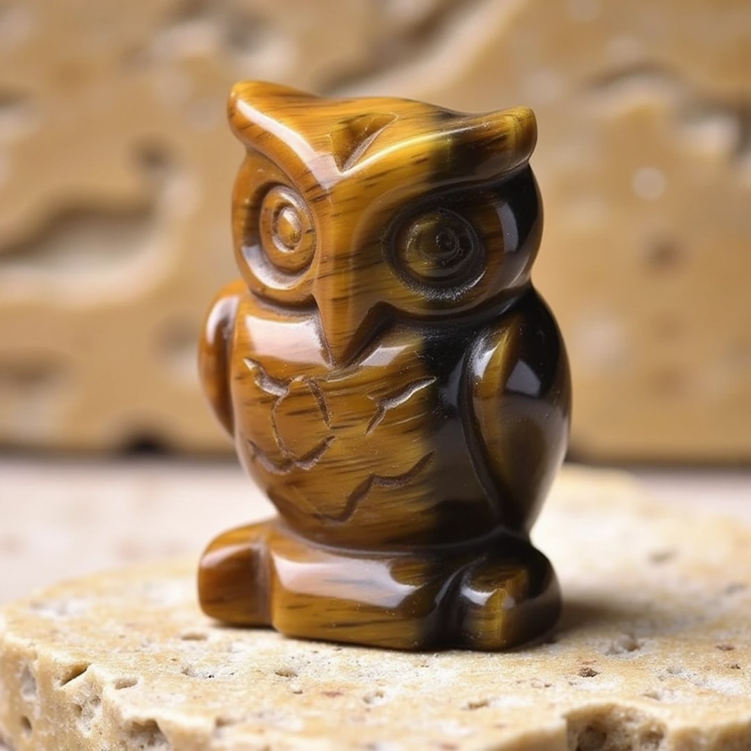 Animal Totem Chouette en Pierre Naturelle - Oeil de Tigre - L'Arbre des Chakras