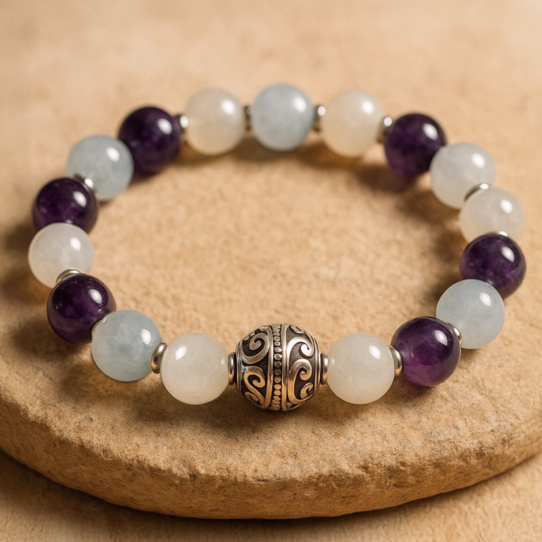 Bracelet Premium "Bien-Être Intérieur" en Améthyste, Aigue-Marine & Pierre de Lune - 17cm - L'Arbre des Chakras